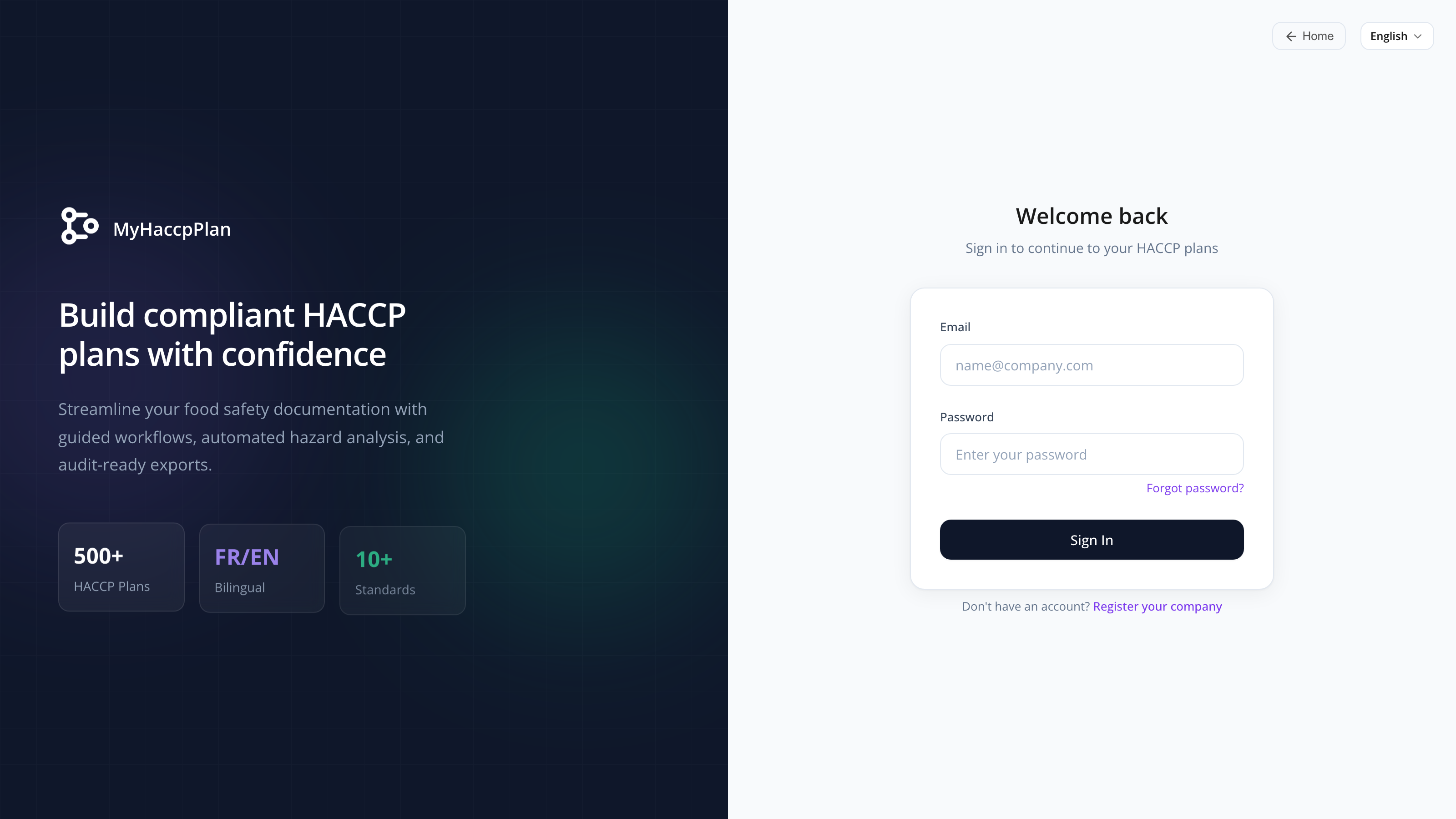The MyHaccpPlan login page