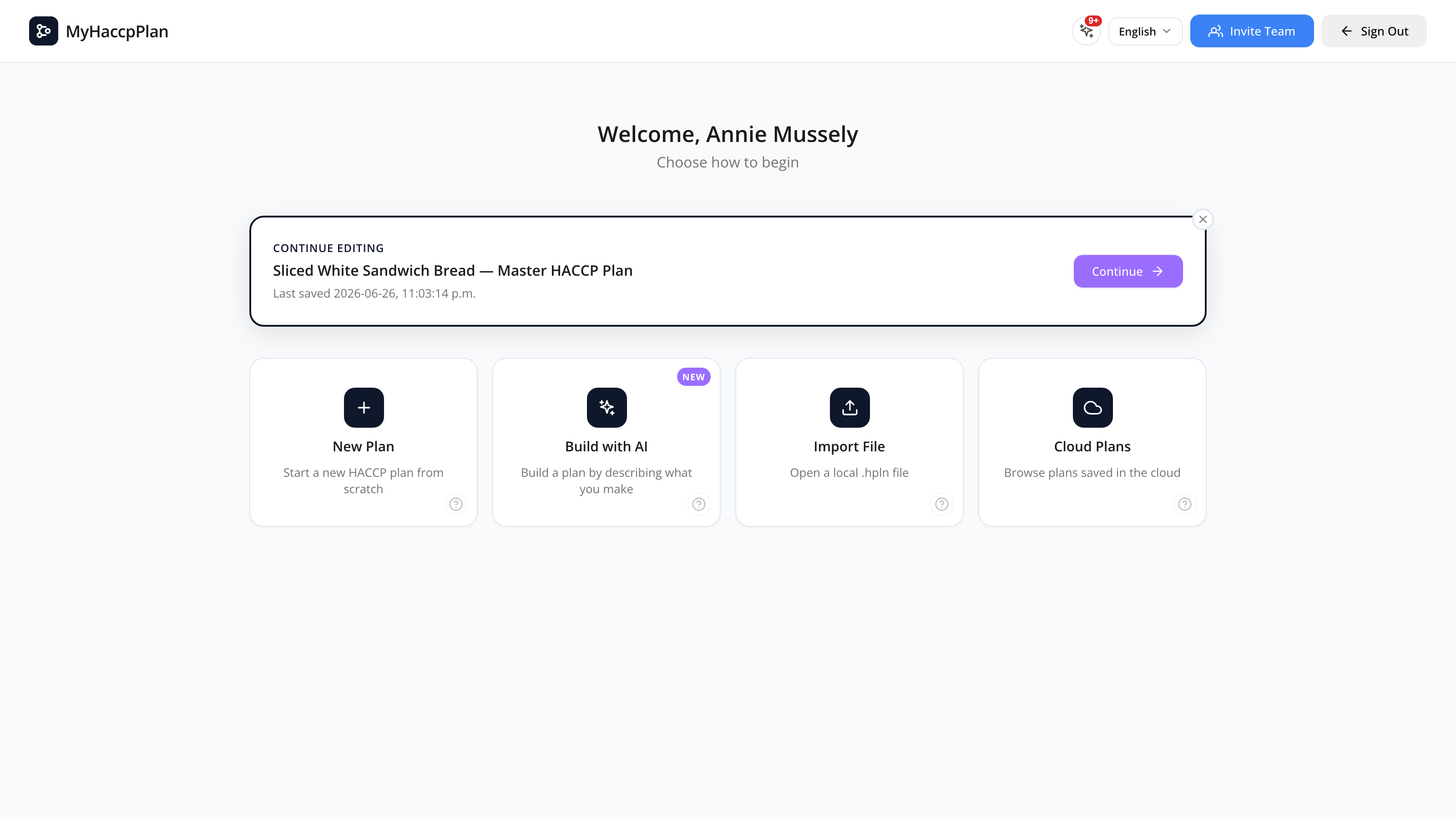 The Dashboard with continue-editing card and four action cards