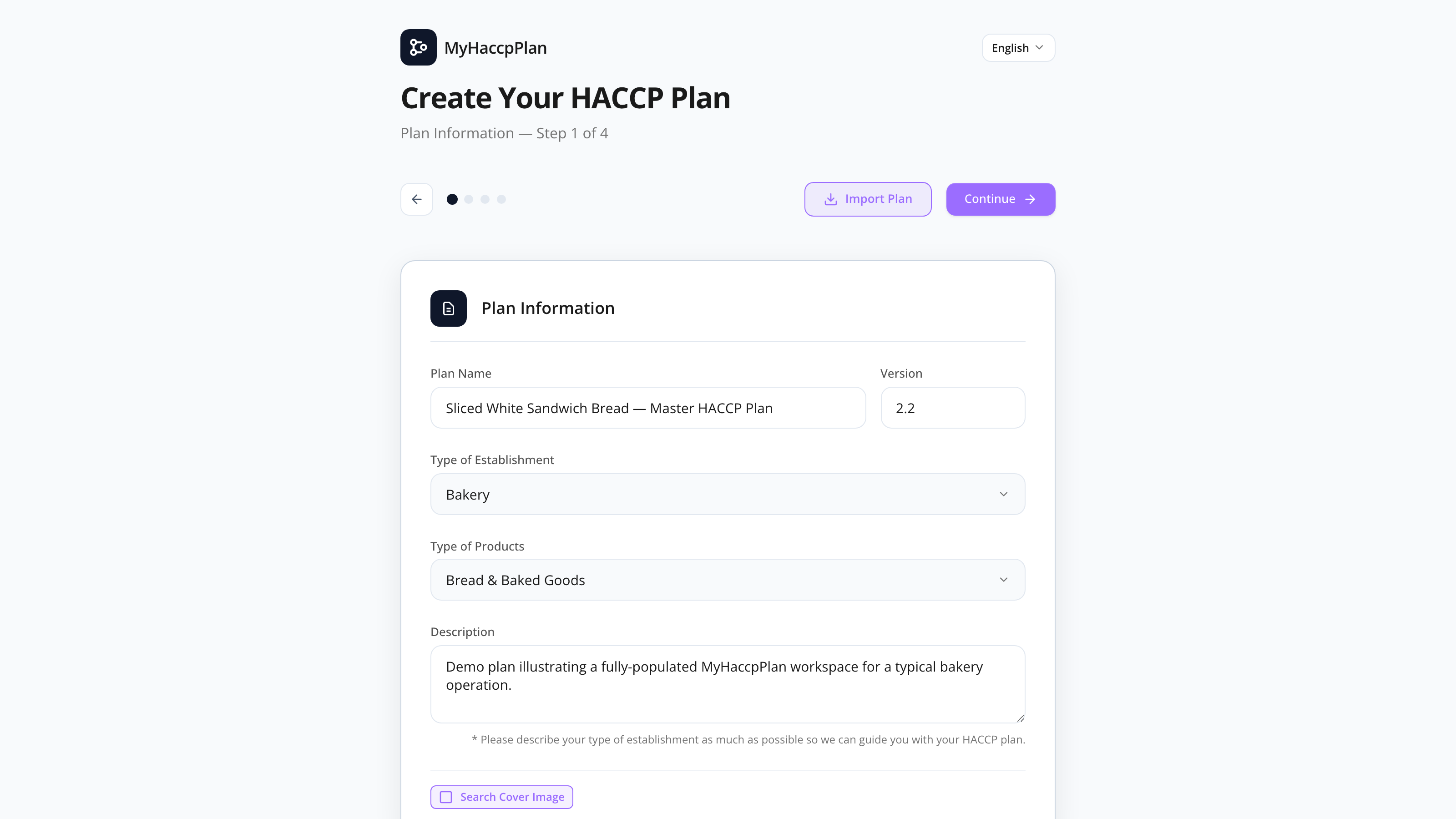 Step 1 of the setup wizard with plan info and cover image picker