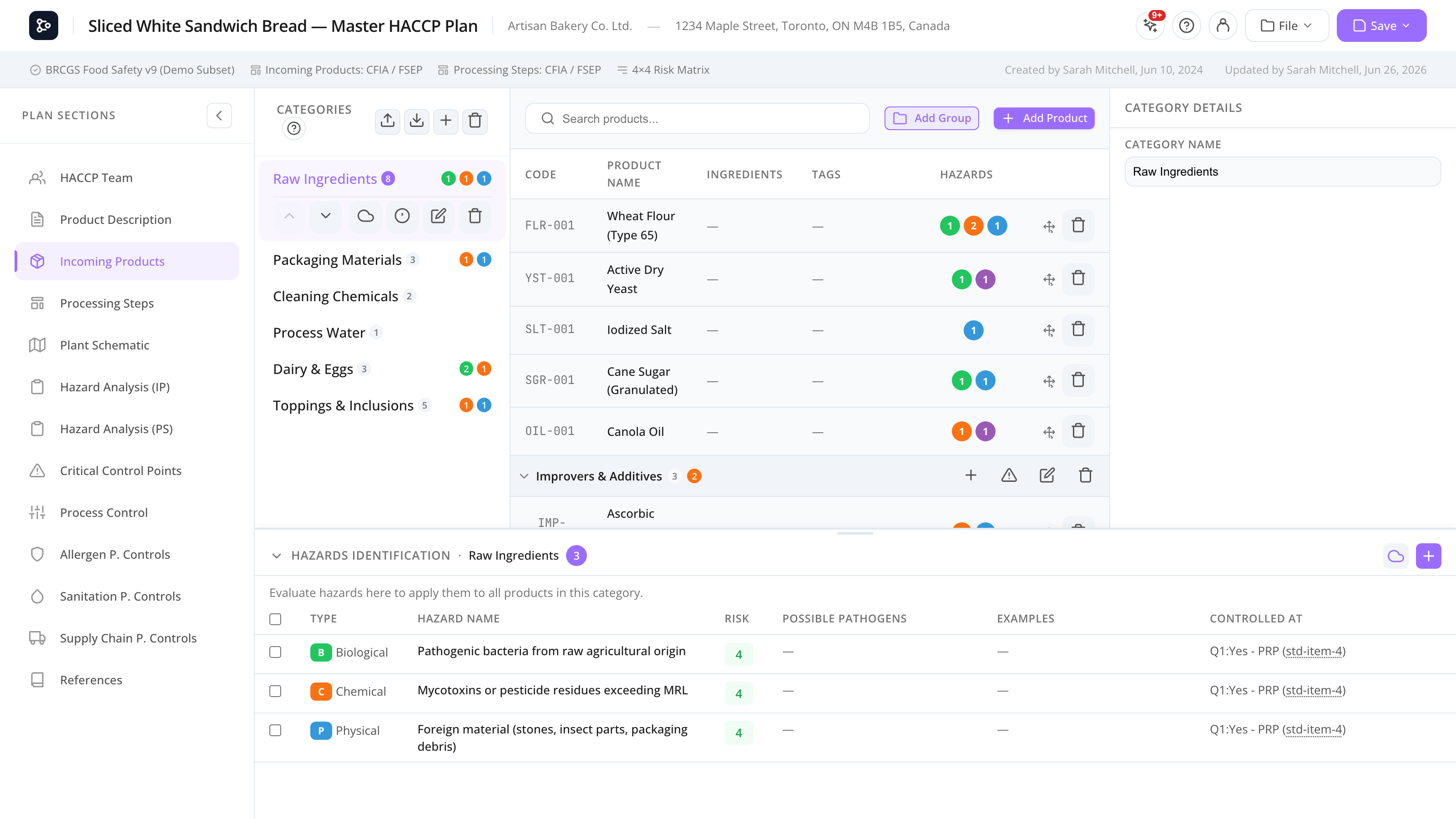 Incoming Products with a category open, a few products listed, and a hazard expanded