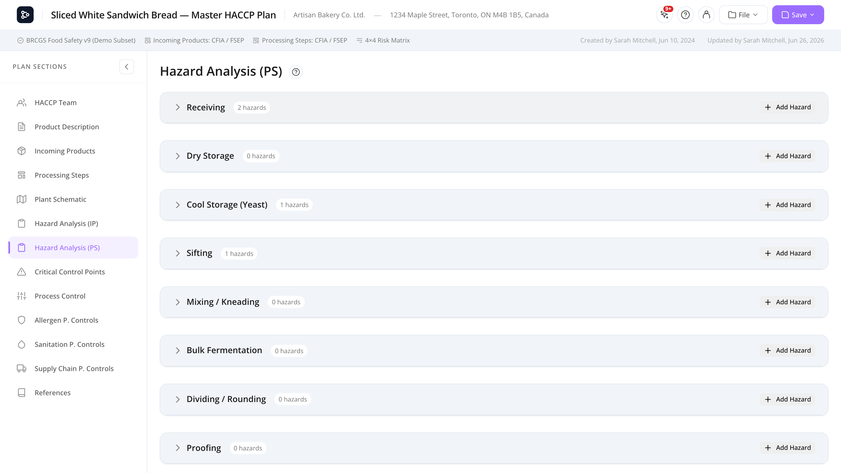The Hazard Analysis (Processing) section with one collapsible block per step and the Diagram filter