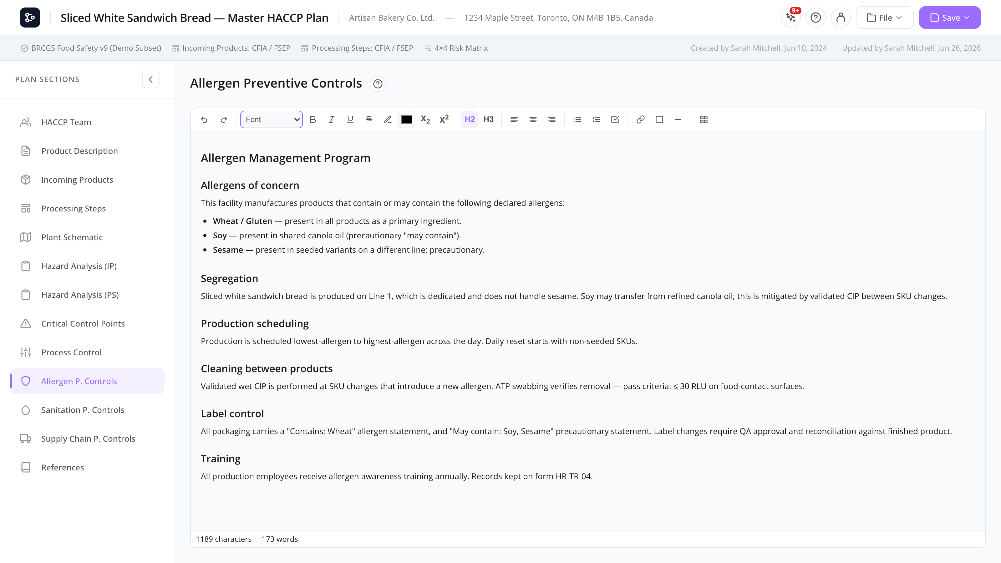 The Allergen Controls section with the rich-text editor and a table of allergens