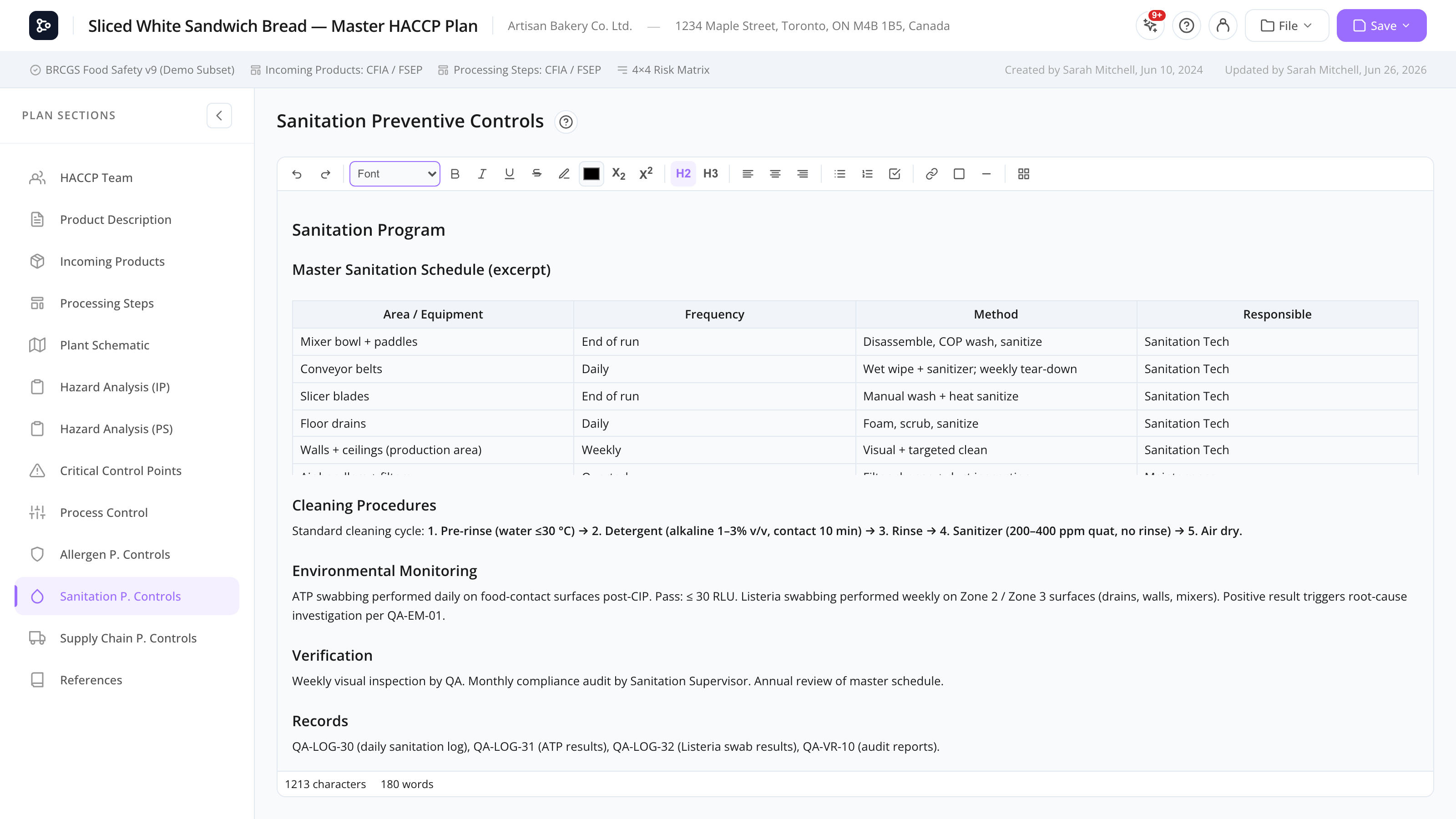 The Sanitation Controls section with sub-headings, a master sanitation schedule table, and embedded images