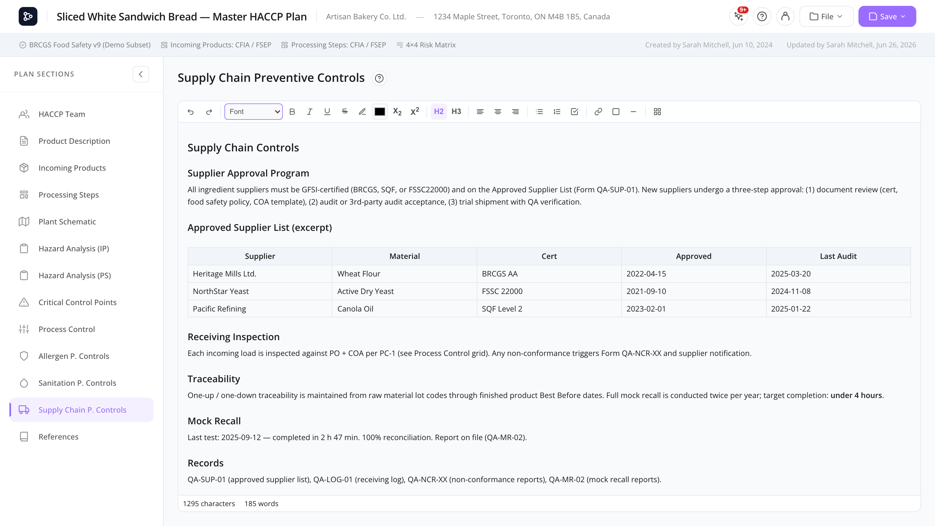The Supply Chain Controls section with supplier approval headings and an inspection criteria table