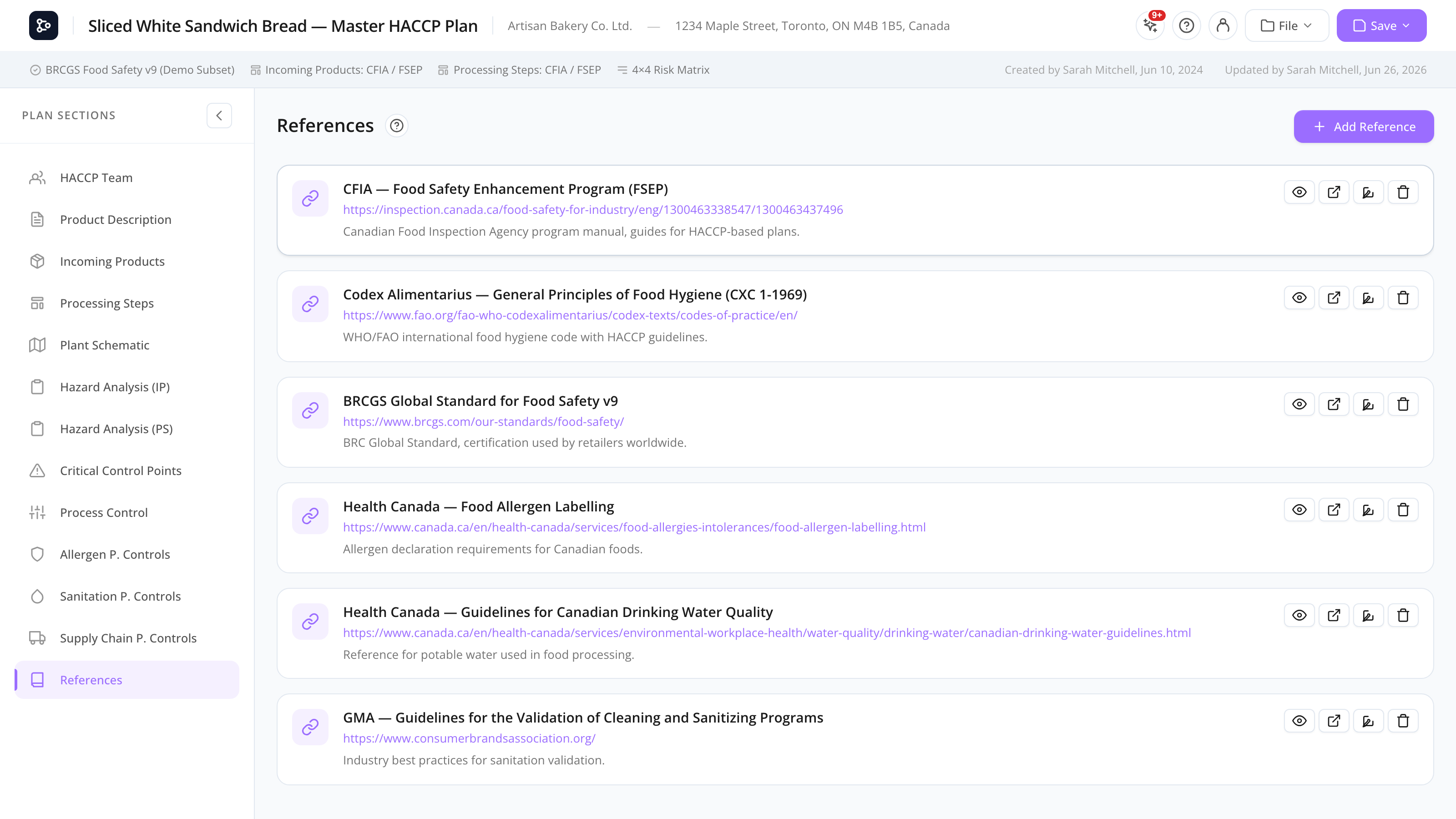 The References section with several rows and a preview modal open