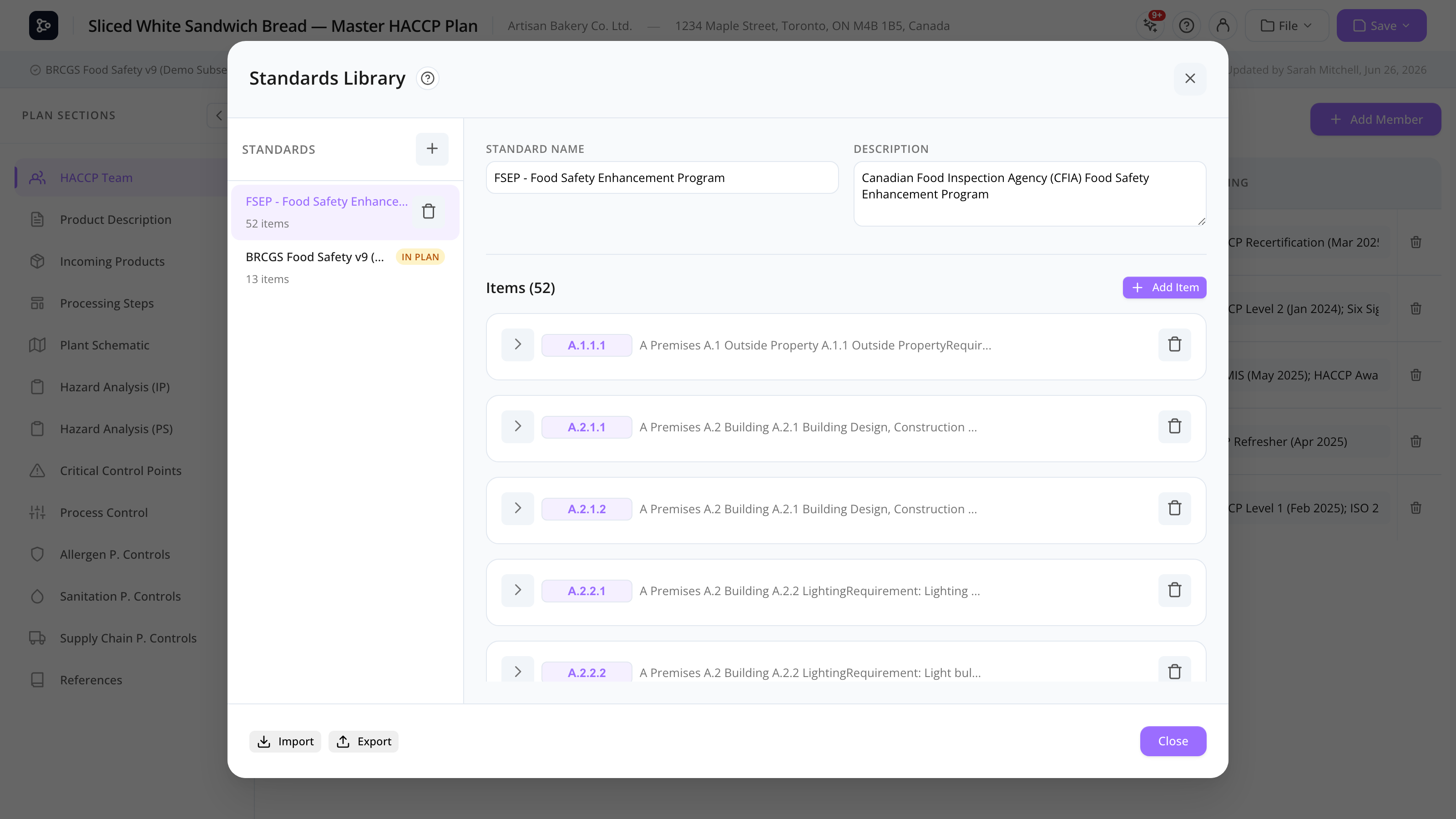The Standards Library modal with a sidebar of standards and a detail panel of items
