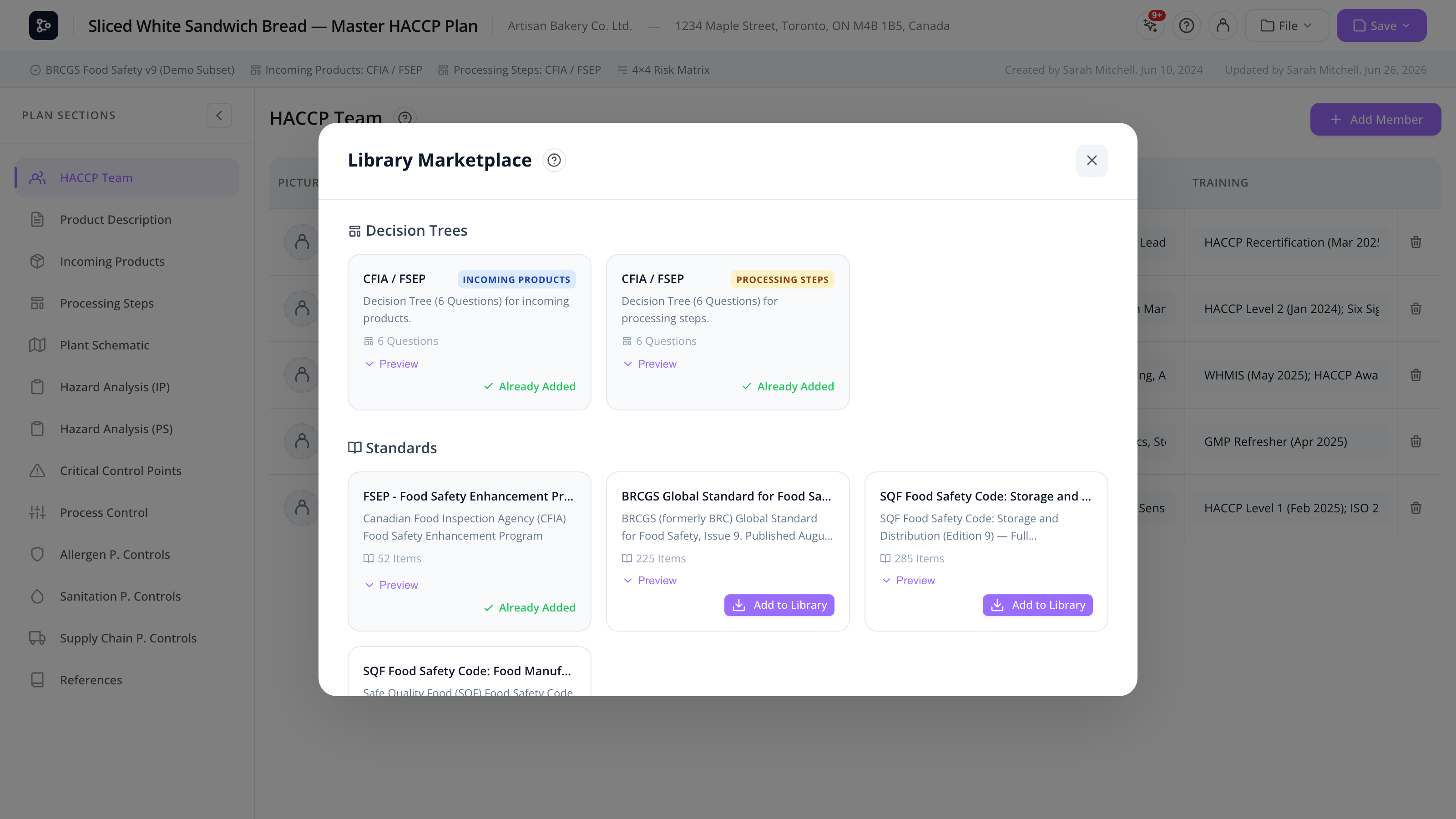 The Marketplace modal with cards for several global standards