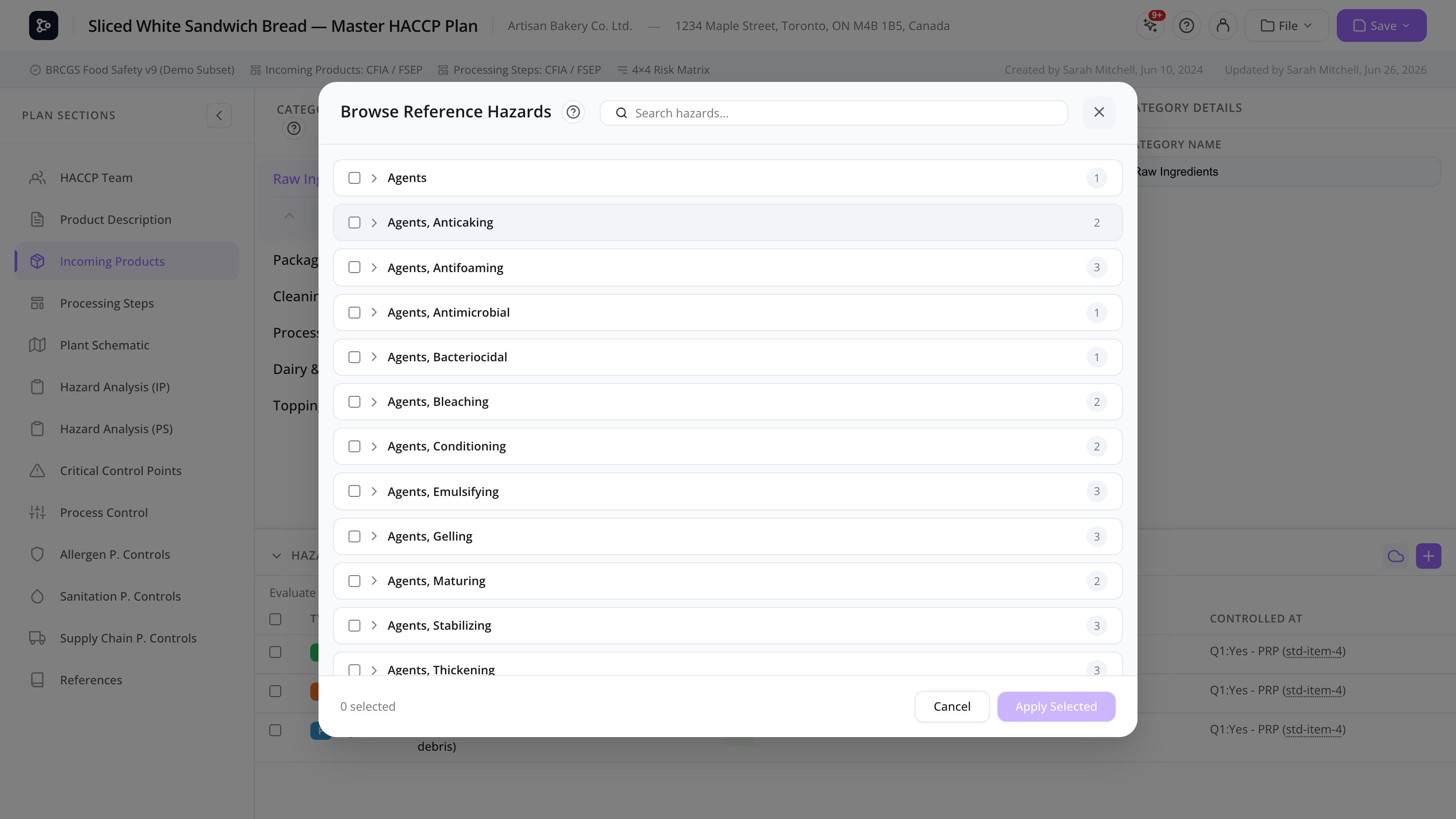 The Online Hazards modal with category filter, search box, and a list of selectable hazards