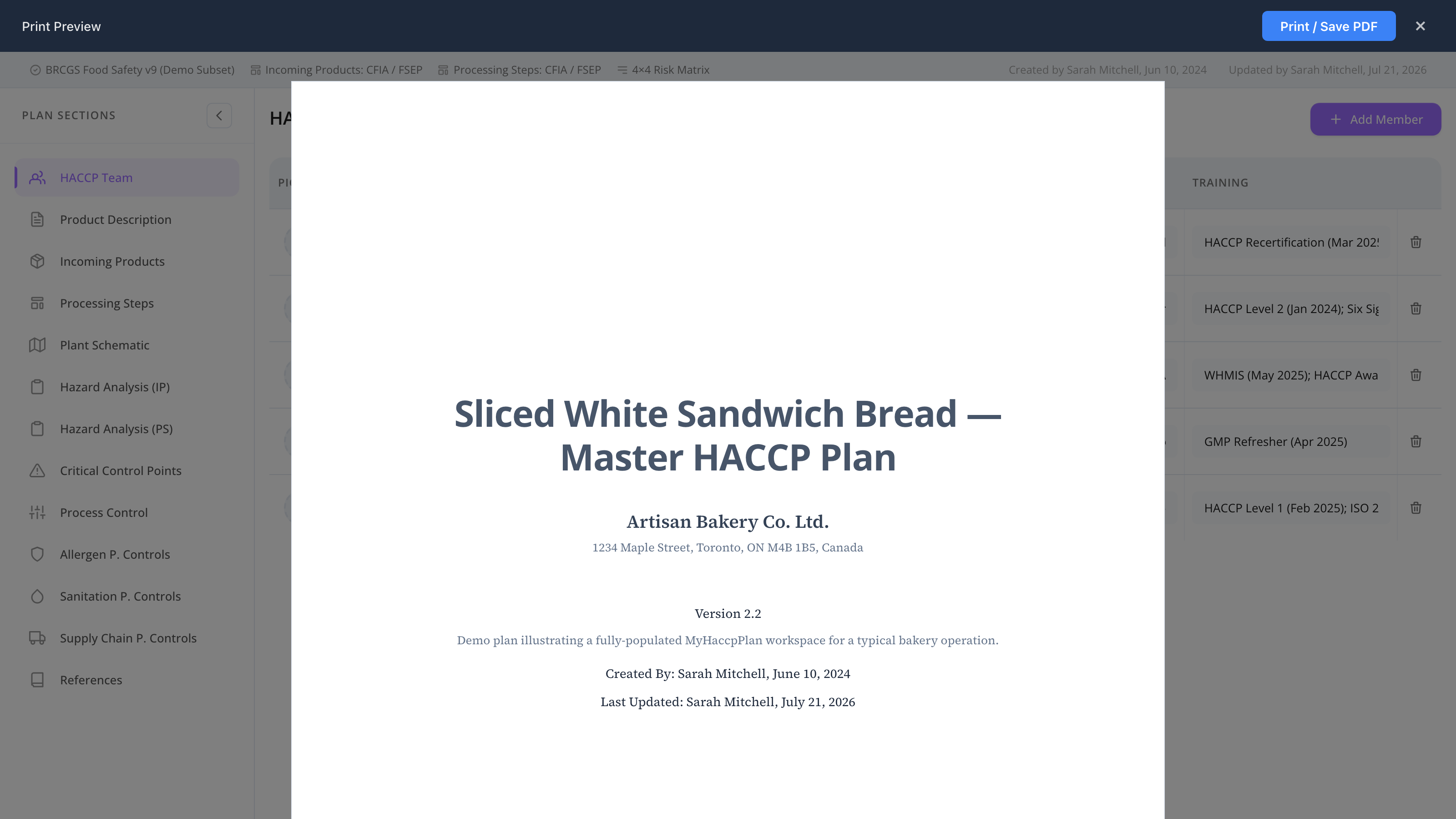 The print preview view showing the cover page and section navigation