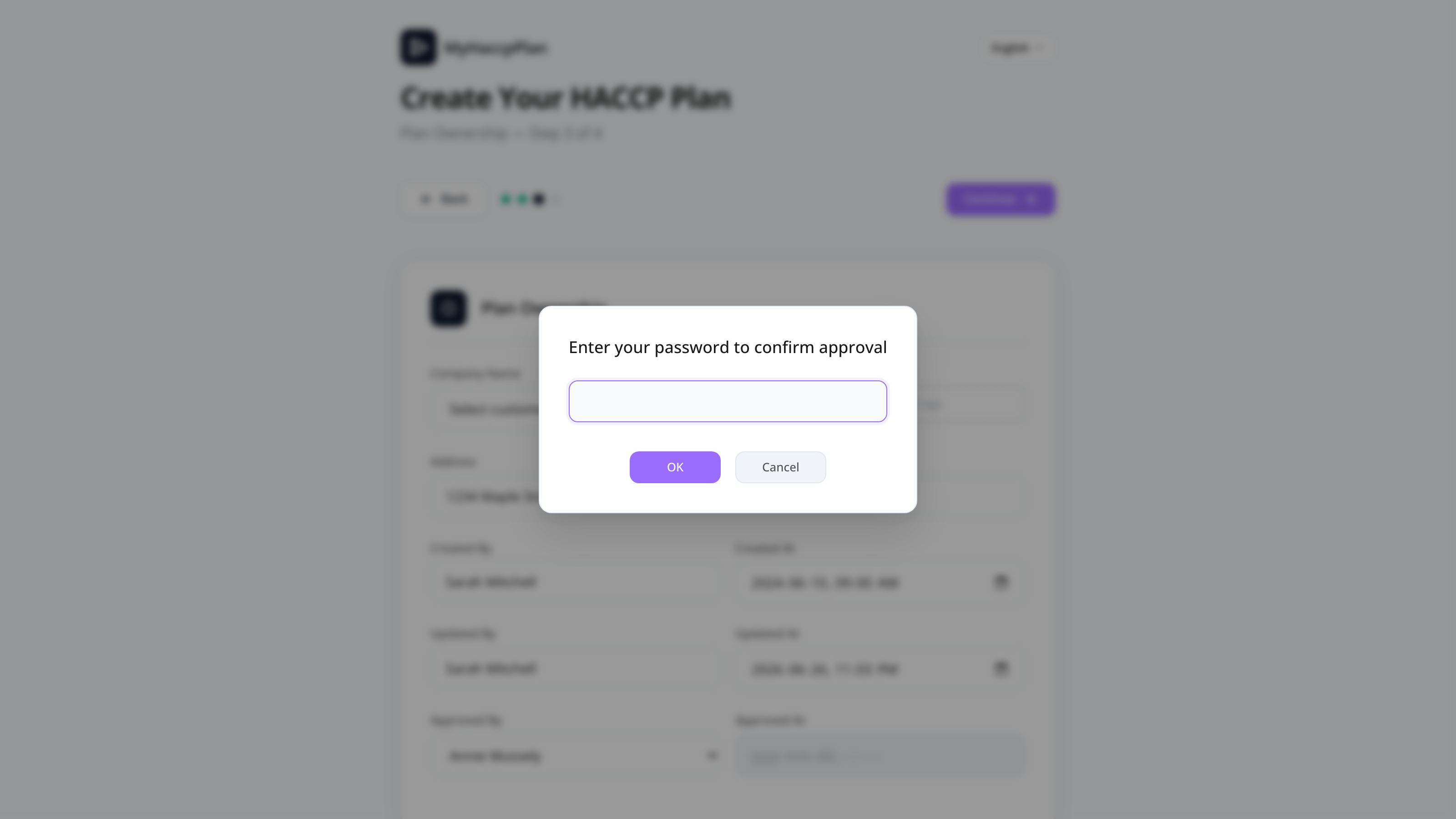 The approval modal with admin selector and password field