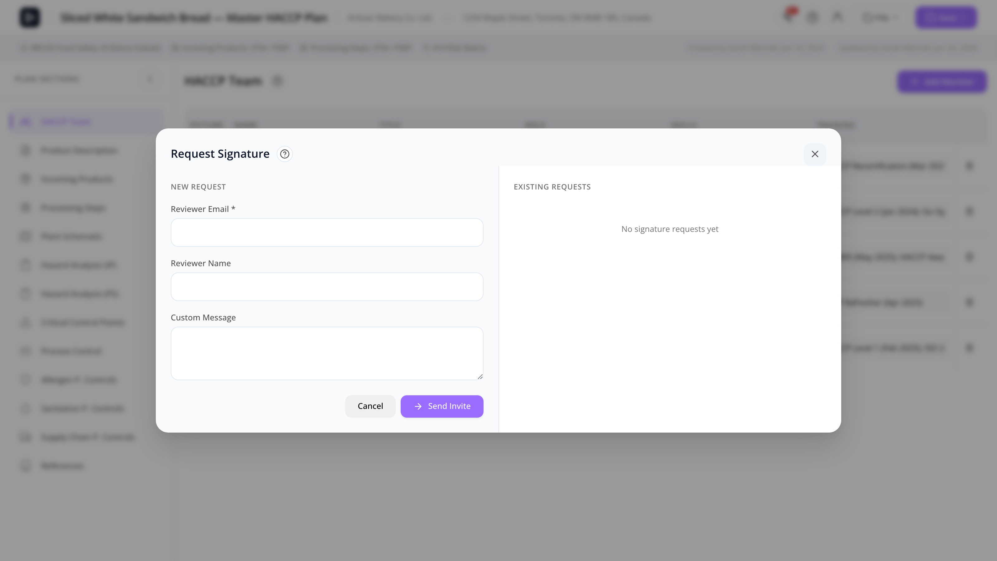 The Request Signature modal with reviewer email, message, and send button