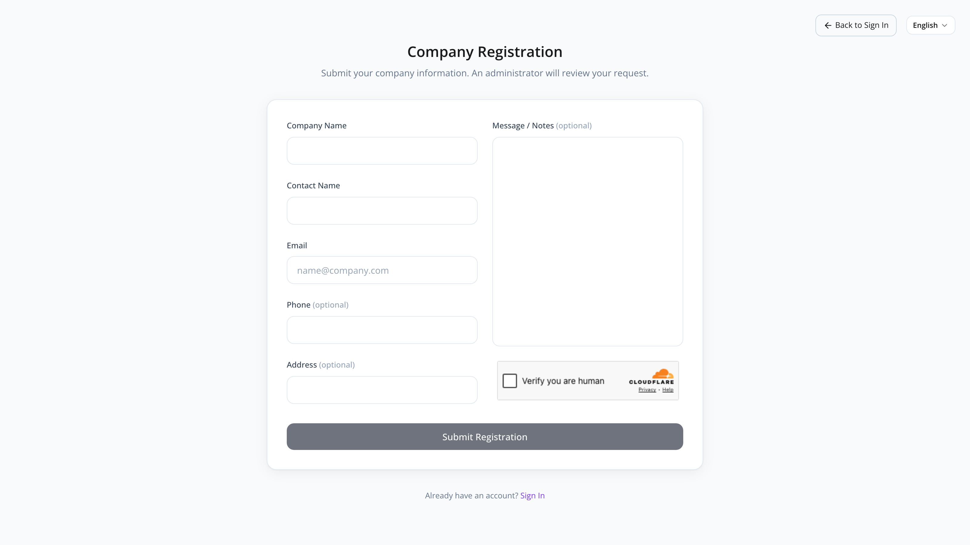 The public registration form with company and contact fields
