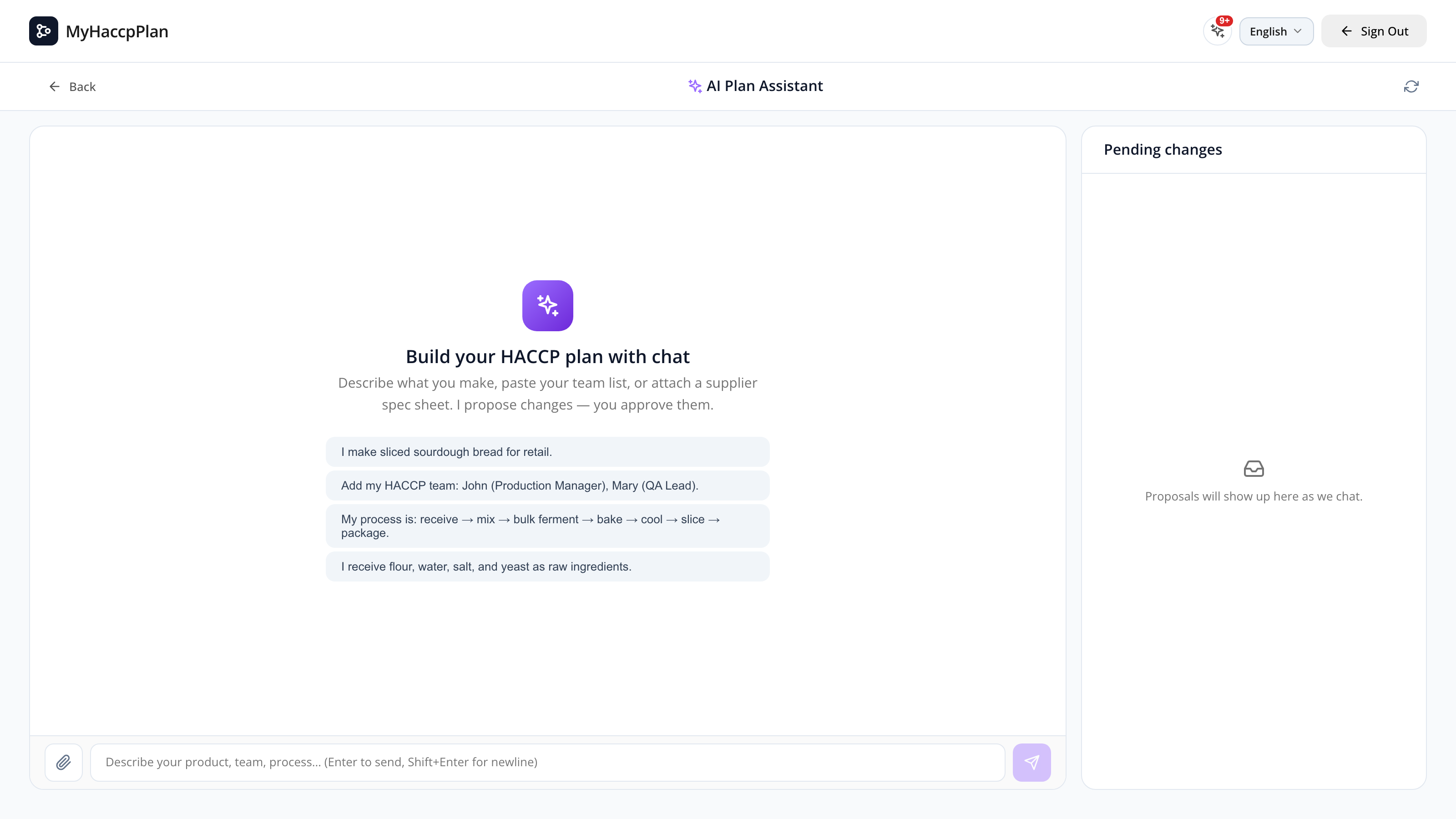 The assistant page — chat on the left, pending changes on the right.