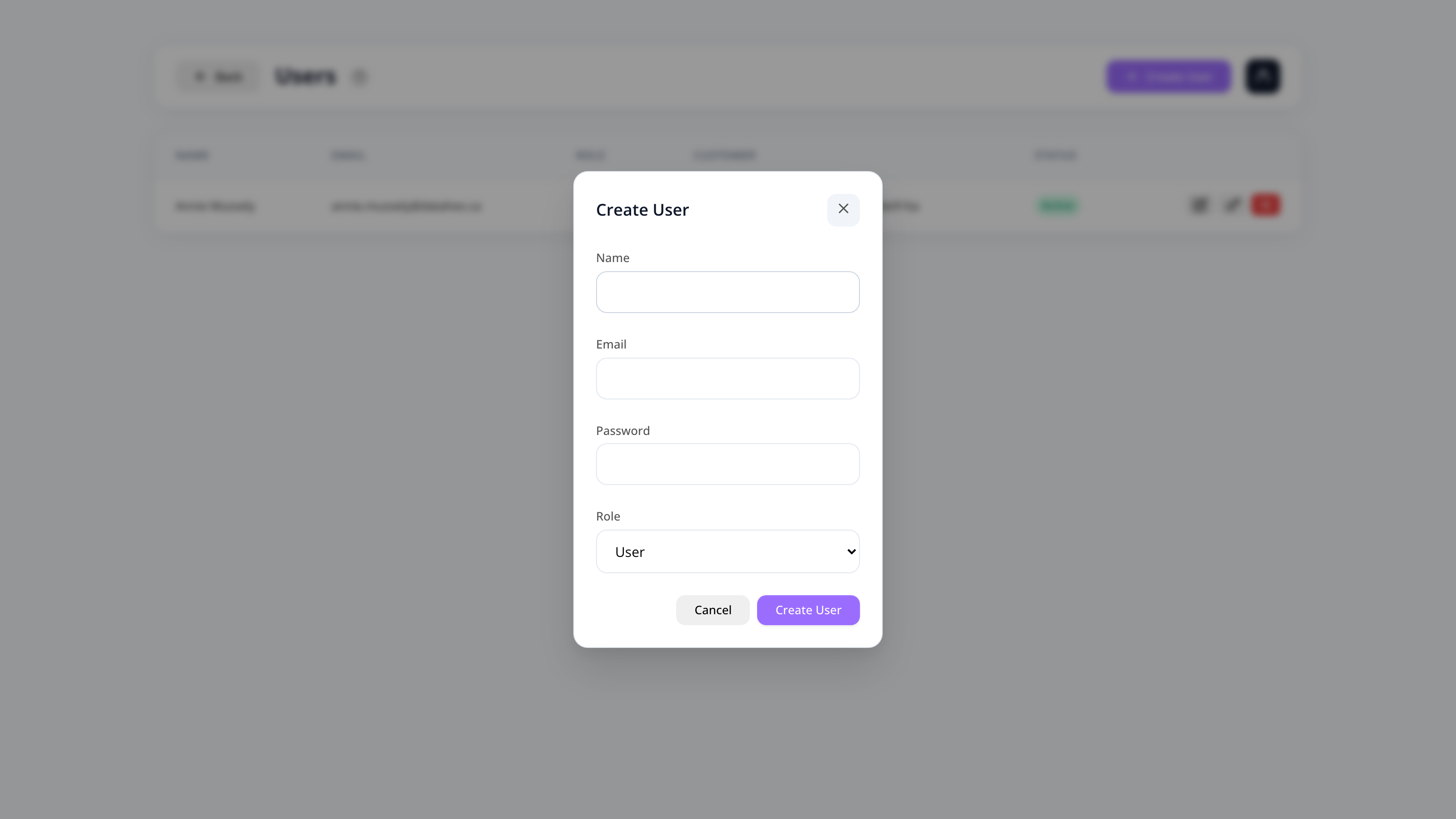 User management with the new-user form open