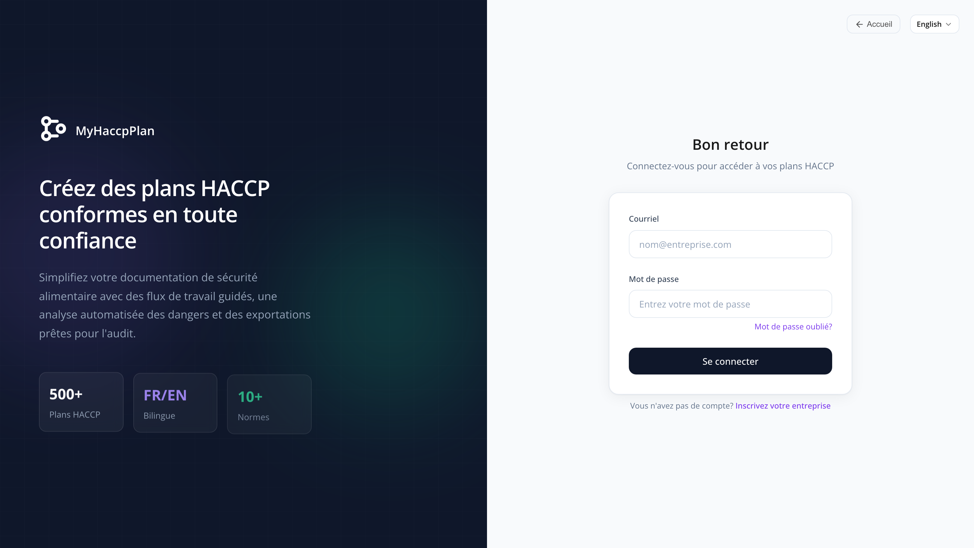 La page de connexion MyHaccpPlan