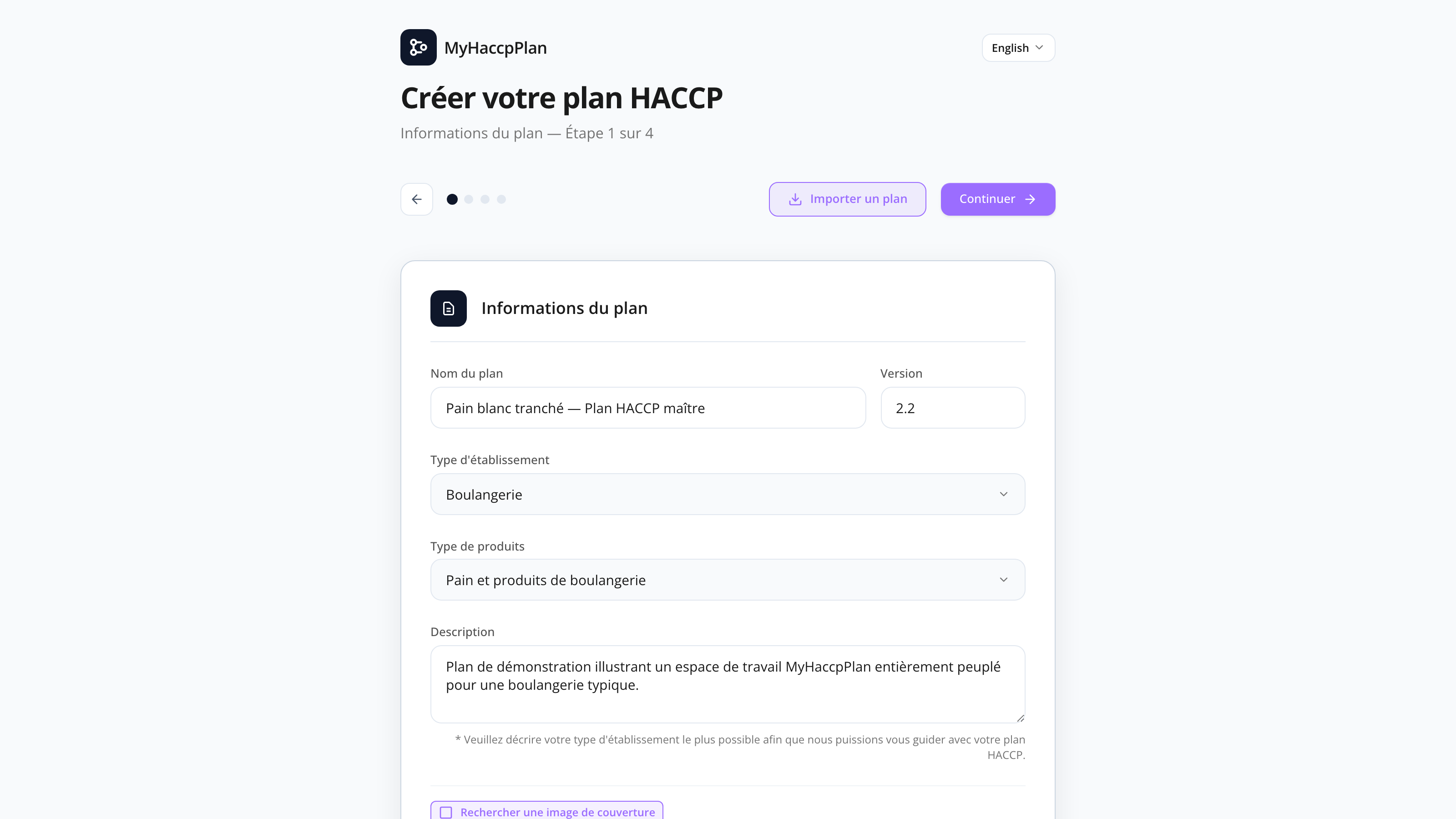 L'étape 1 de l'assistant avec les informations du plan et le sélecteur d'image de couverture
