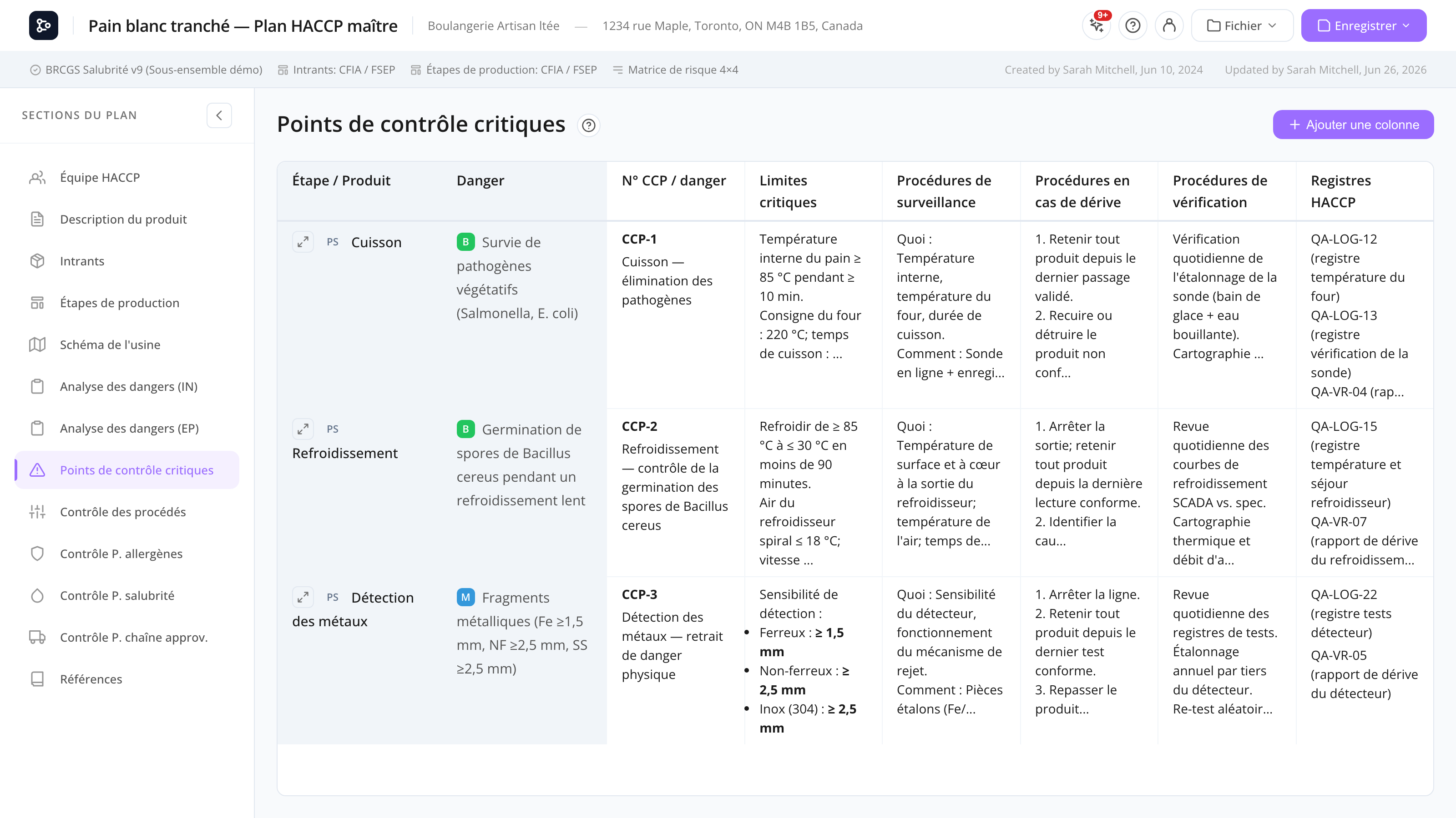 La grille CCP avec plusieurs rangées, les colonnes verrouillées Étape / Produit et Danger à gauche, et des colonnes personnalisables à droite