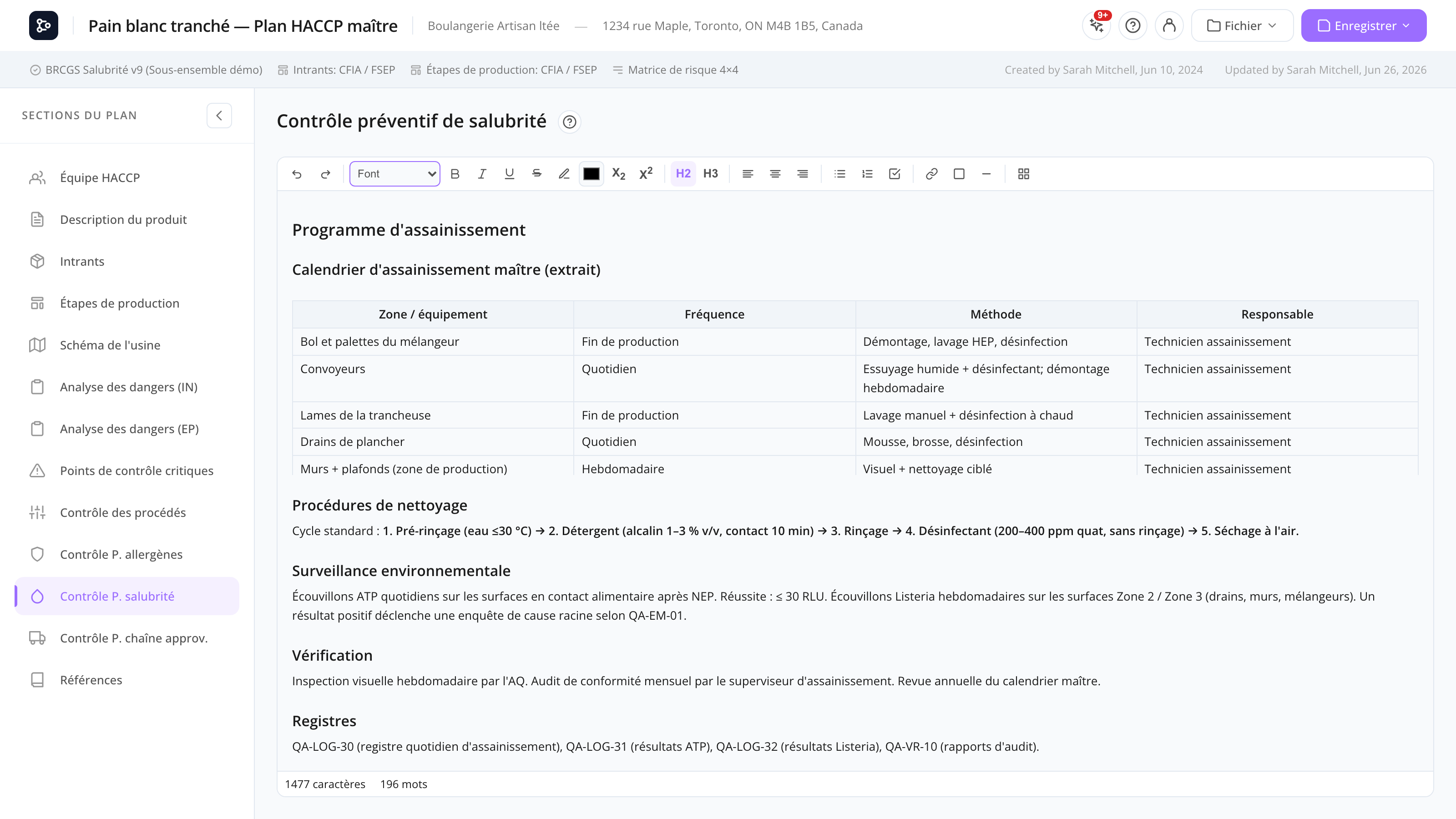 La section Contrôles d'assainissement avec sous-en-têtes, un tableau de calendrier d'assainissement maître et des images intégrées