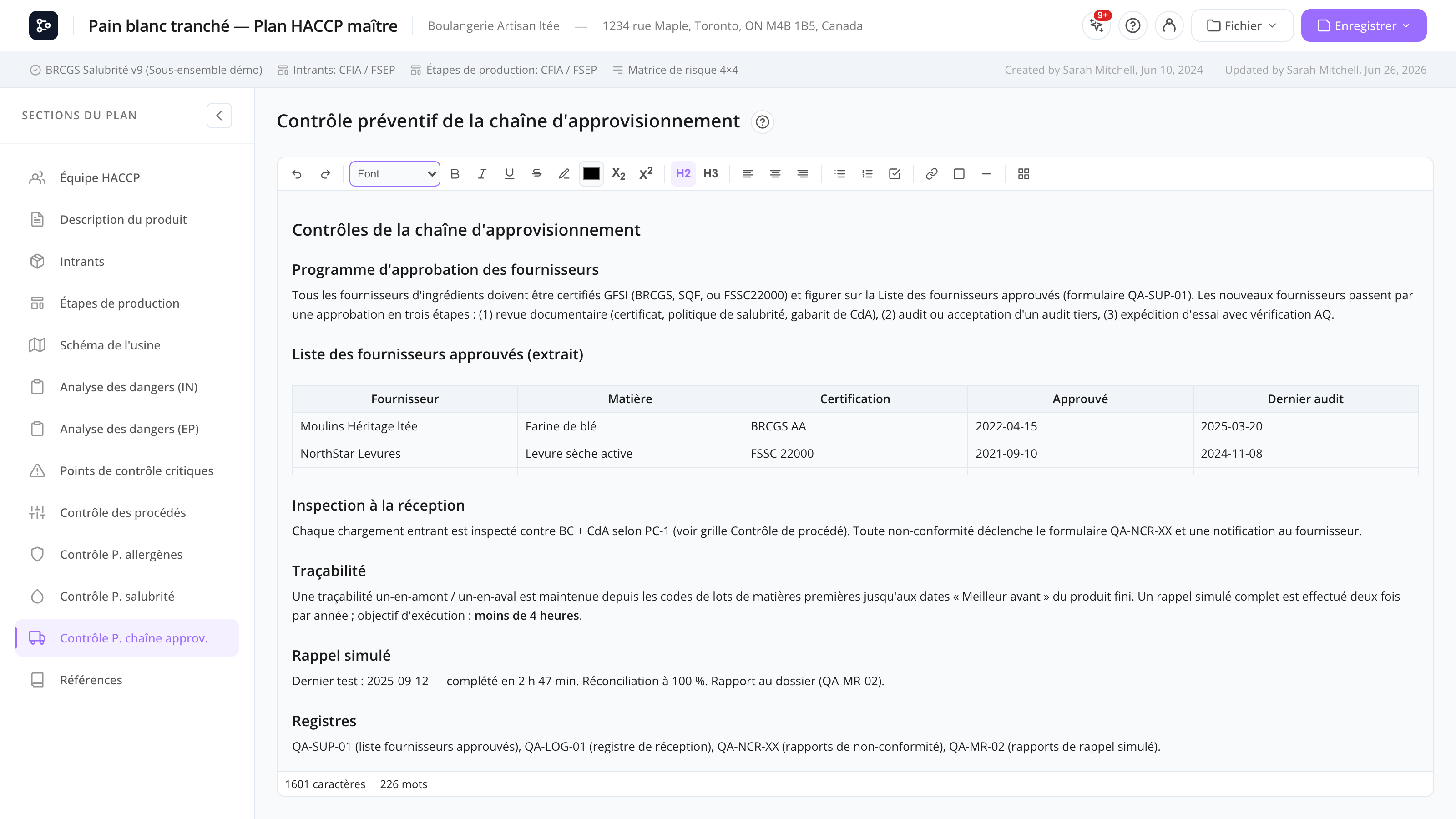 La section Contrôles de la chaîne d'approvisionnement avec en-têtes d'approbation des fournisseurs et un tableau de critères d'inspection
