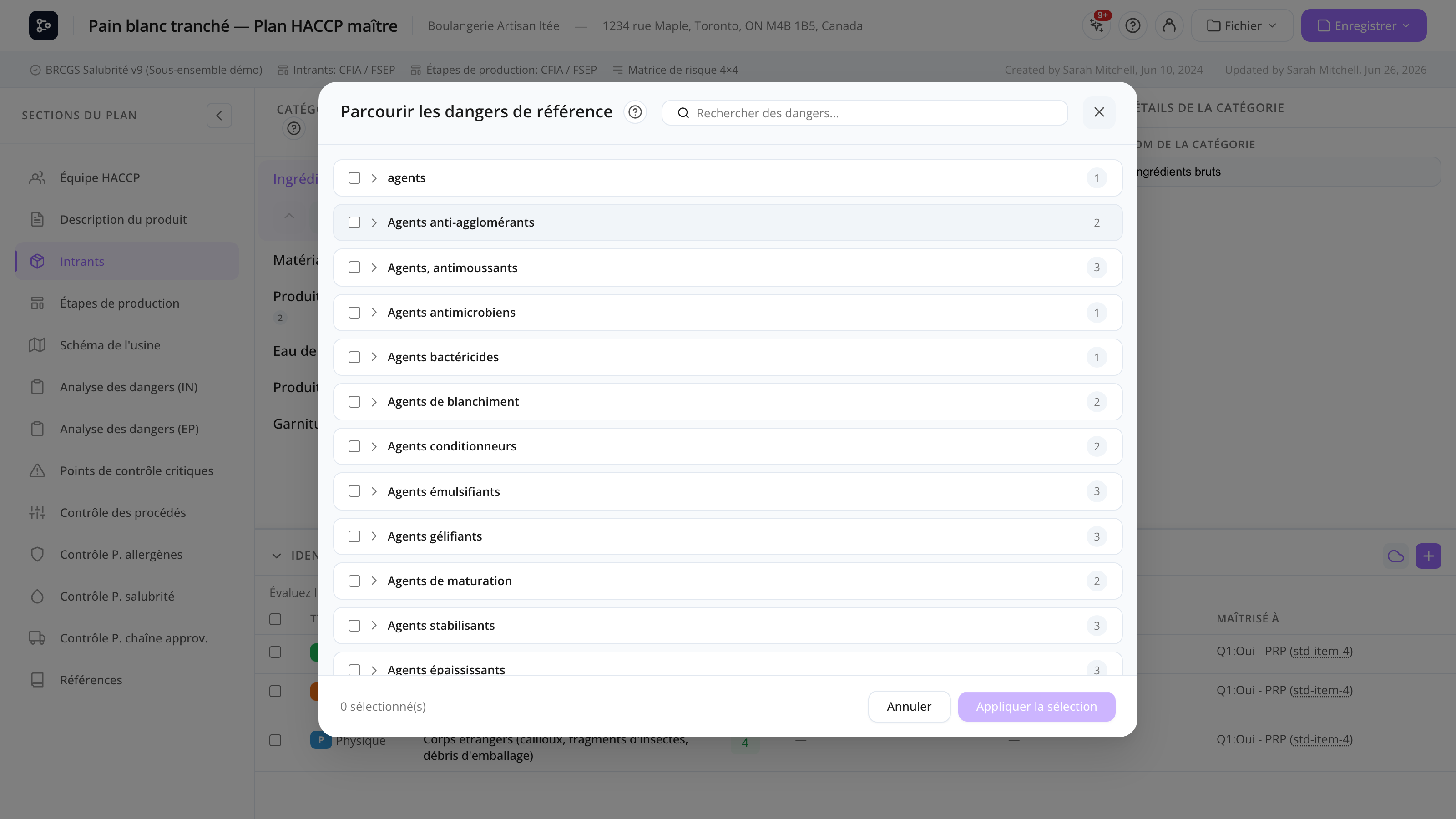 Le modal Dangers en ligne avec filtre de catégorie, boîte de recherche et liste de dangers sélectionnables