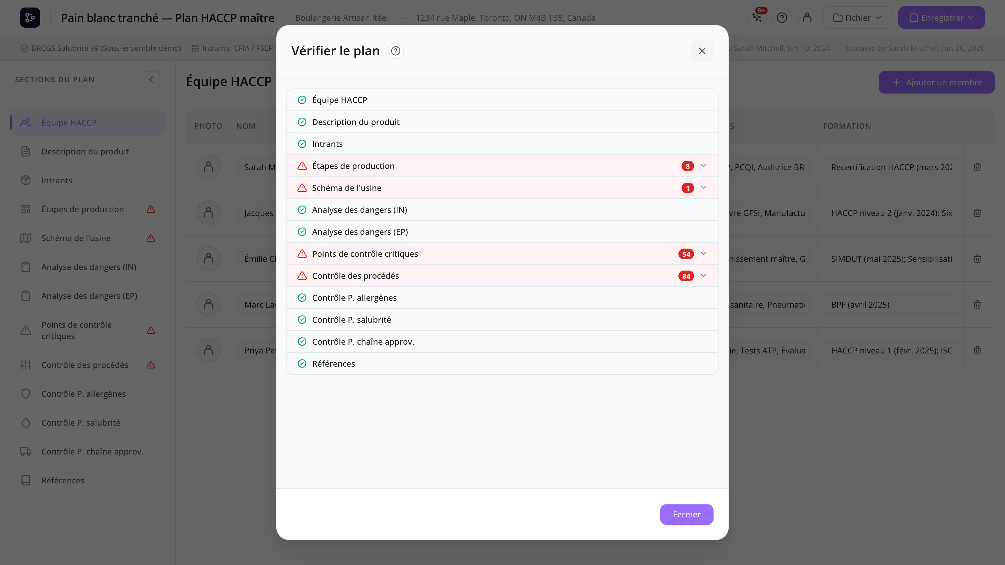 Le modal Vérifier le plan listant chaque section avec un statut succès ou avertissement