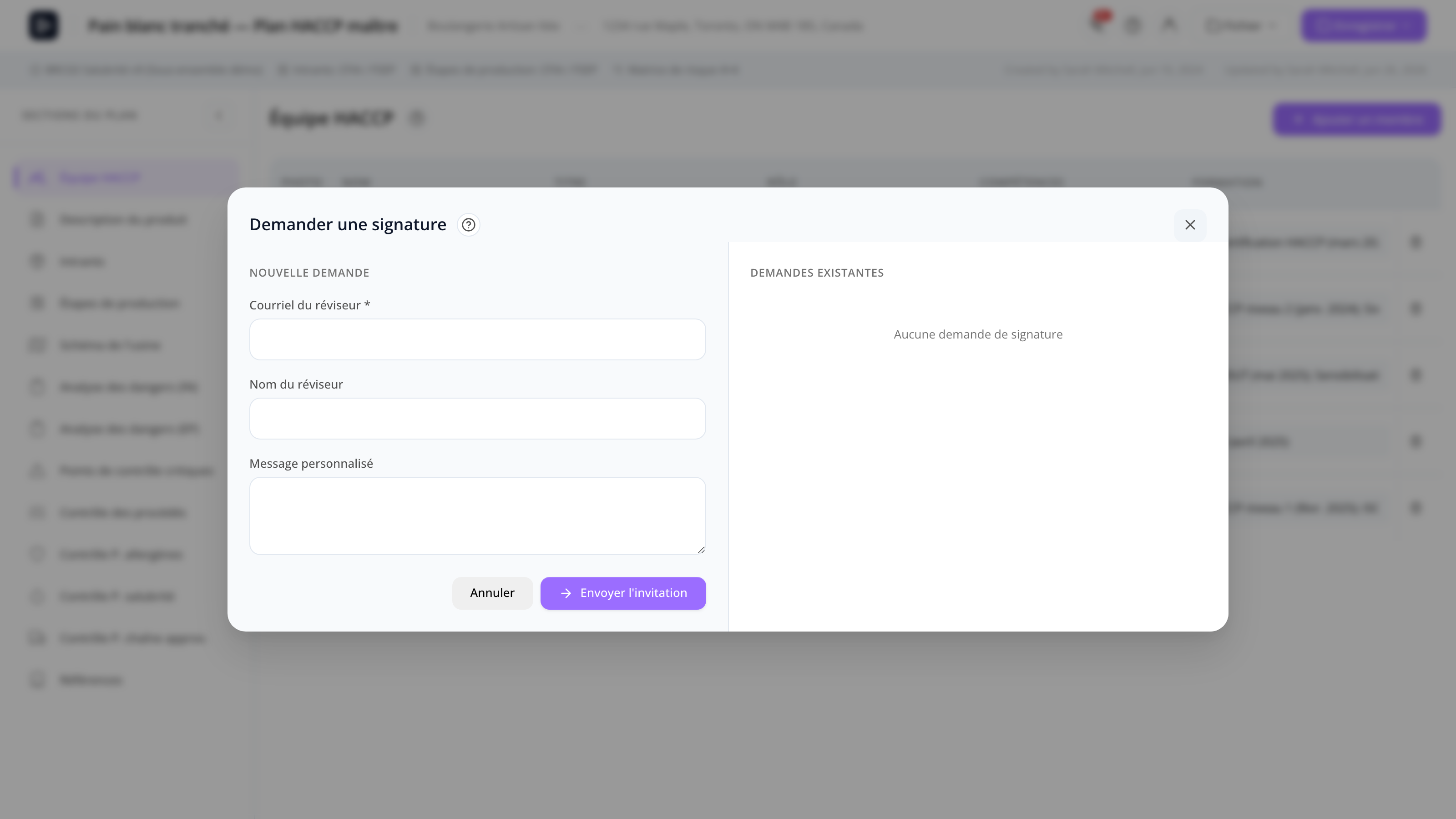 Le modal Demander une signature avec courriel du réviseur, message et bouton d'envoi